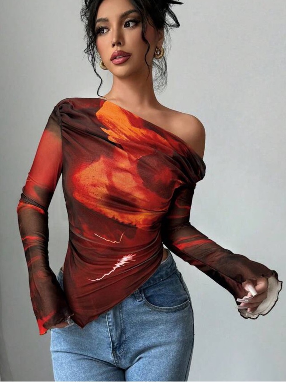 Asymmetric Neck Marble Print Draped Long-Sleeve Mesh Top